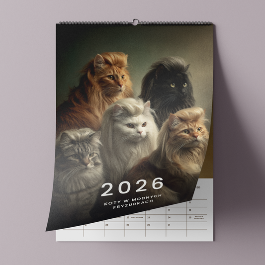 koty w modnych fryzurkach - kalendarz ścienny A3 2026